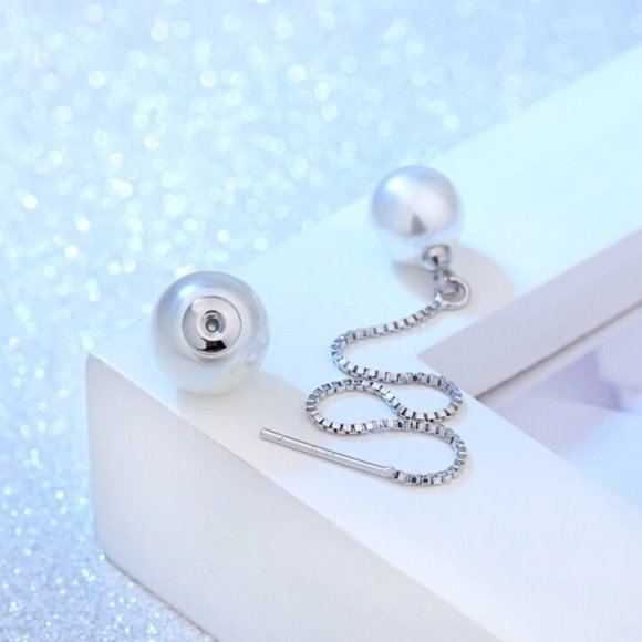 NEW 925 Sterling Silver Pearl Chain Earrings - Picture 8 of 8